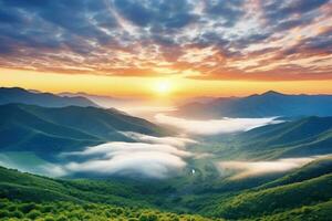 AI generated sunrise in the misty morning HD background wallpaper photo