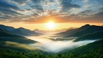 AI generated sunrise in the misty morning HD background wallpaper photo