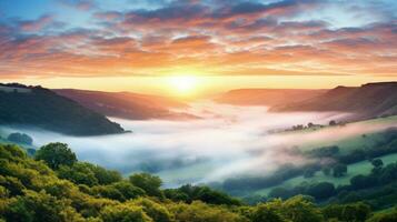 AI generated sunrise in the misty morning HD background wallpaper photo