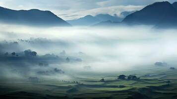 AI generated Chinese village misty morning background wallpaper photo