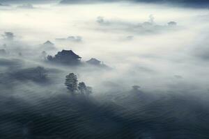 AI generated Chinese village misty morning background wallpaper photo