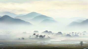 AI generated Chinese village misty morning background wallpaper photo