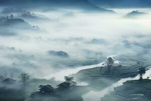 AI generated Chinese village misty morning background wallpaper photo