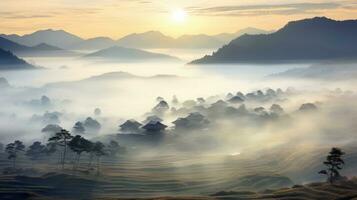 AI generated Chinese village misty morning background wallpaper photo