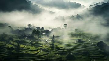 AI generated Chinese village misty morning background wallpaper photo