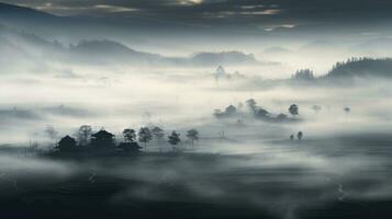 AI generated Chinese village misty morning background wallpaper photo