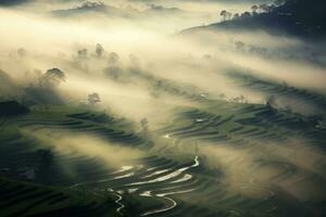 AI generated Chinese village misty morning background wallpaper photo