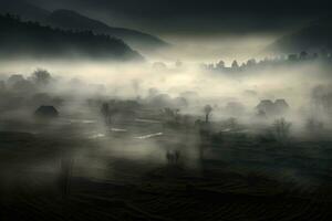 AI generated Chinese village misty morning background wallpaper photo