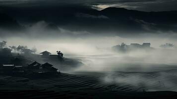 AI generated Chinese village misty morning background wallpaper photo