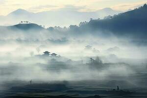 AI generated Chinese village misty morning background wallpaper photo