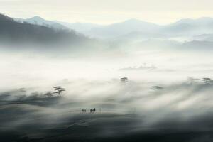 AI generated Chinese village misty morning background wallpaper photo