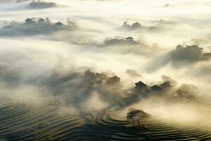 AI generated Chinese village misty morning background wallpaper photo