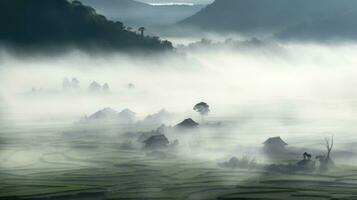 AI generated Chinese village misty morning background wallpaper photo