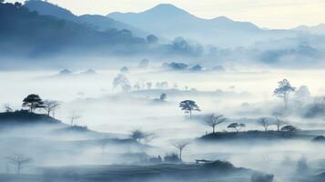 AI generated Chinese village misty morning background wallpaper photo