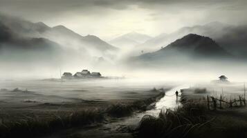 AI generated Chinese village misty morning background wallpaper photo