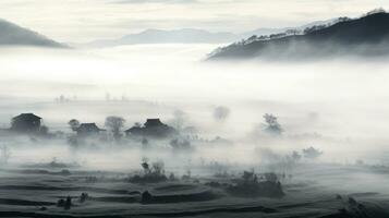 AI generated Chinese village misty morning background wallpaper photo