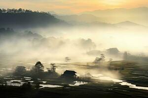 AI generated Chinese village misty morning background wallpaper photo