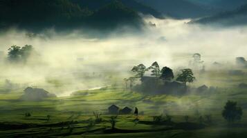 AI generated Chinese village misty morning background wallpaper photo