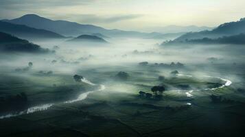 AI generated Chinese village misty morning background wallpaper photo