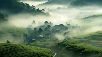 AI generated Chinese village misty morning background wallpaper photo