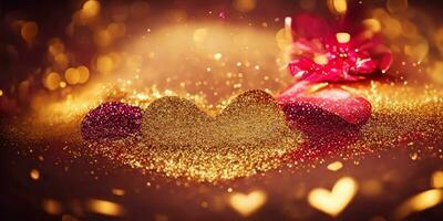 AI generated Golden heart shape with gold and red sparkling particles for decoration Valentines Day background. photo