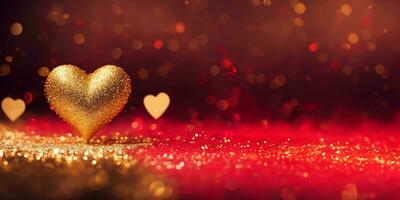 AI generated Golden heart shape with gold and red sparkling particles for decoration Valentines Day background. photo
