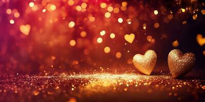 AI generated Golden heart shape with gold and red sparkling particles for decoration Valentines Day background. photo