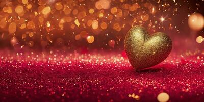 AI generated Golden heart shape with gold and red sparkling particles for decoration Valentines Day background. photo