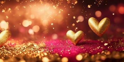 AI generated Golden heart shape with gold and red sparkling particles for decoration Valentines Day background. photo