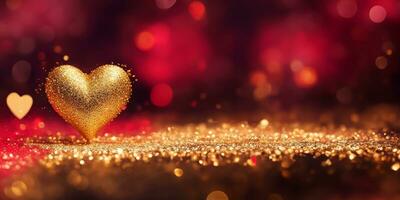 AI generated Golden heart shape with gold and red sparkling particles for decoration Valentines Day background. photo
