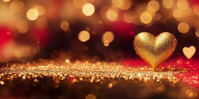 AI generated Golden heart shape with gold and red sparkling particles for decoration Valentines Day background. photo