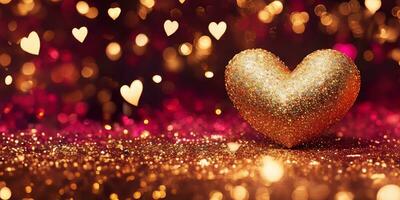 AI generated Golden heart shape with gold and red sparkling particles for decoration Valentines Day background. photo