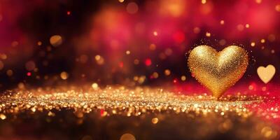 AI generated Golden heart shape with gold and red sparkling particles for decoration Valentines Day background. photo