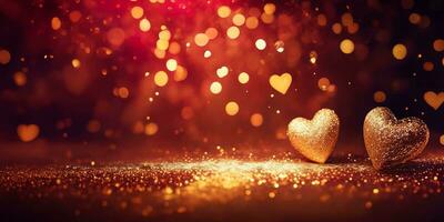 AI generated Golden heart shape with gold and red sparkling particles for decoration Valentines Day background. photo