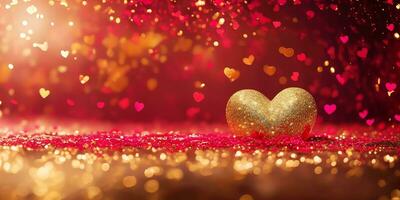 AI generated Golden heart shape with gold and red sparkling particles for decoration Valentines Day background. photo