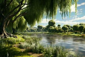 AI generated A tranquil riverbank adorned with weeping willow photo