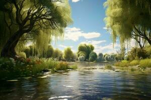 AI generated A tranquil riverbank adorned with weeping willow photo