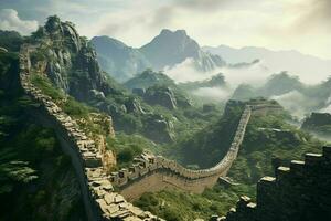 AI generated The Great Wall of China snaking through rugged photo