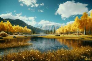 AI generated A tranquil lake surrounded by aspen trees with photo