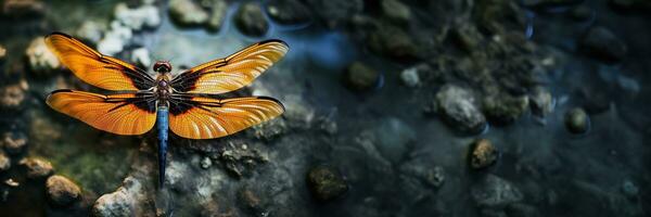 AI generated Dragonfly Resting on Twig by Stream photo