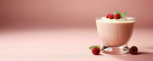 ai generado Fresco frambuesa yogur deleite en rosado foto