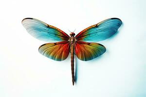 ai generado vibrante libélula vitrinas alas en blanco foto