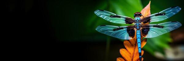 ai generado azul libélula en naranja florecer cerca arriba foto