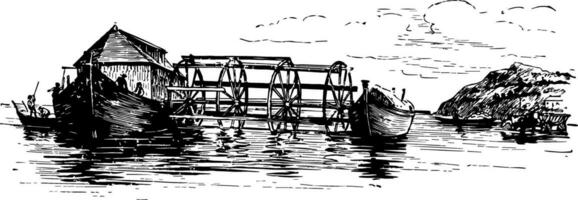 Floating Flour Mill vintage illustration. vector