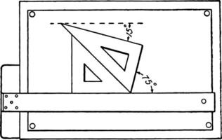 Drawing Lines at an Angle 15 and 75,  pair of set squares,  vintage engraving. vector