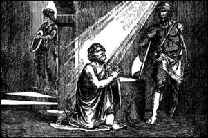 John the Baptist Prays in Prison Just Before His Beheading vintage illustration. vector