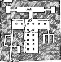 Plan of the Sphinx Temple is a statue with the face of a man and the body of a lion, vintage engraving. vector