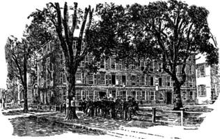 The Old Fence at Yale or Old Brick Row college,  vintage engraving. vector