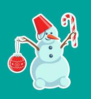 Merry snowman with Christmas bauble candy cane vector