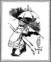 Baby with Umbrella on a bridge, vintage engraving. vector